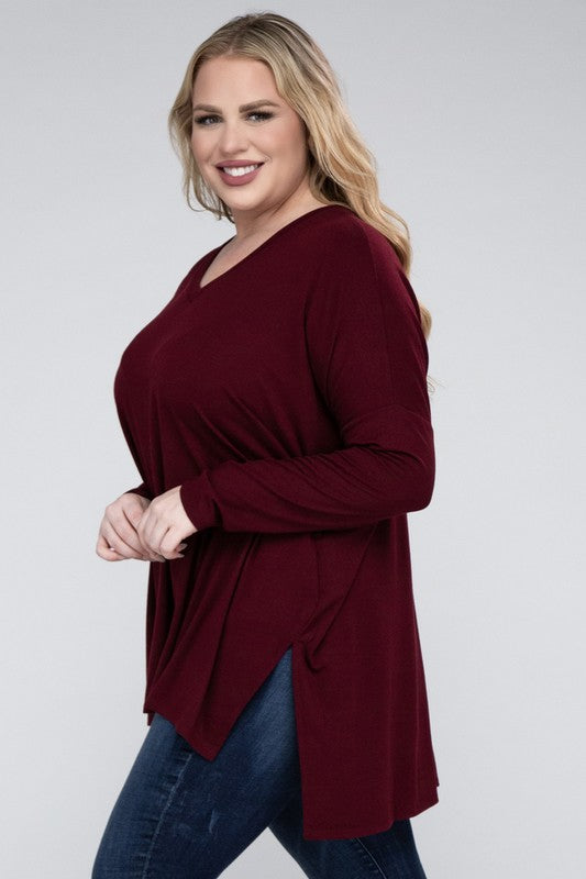 Hi Curvy Plus Size Women Dolman Sleeve V-Neck Side Slit Hi-Low Hem Top