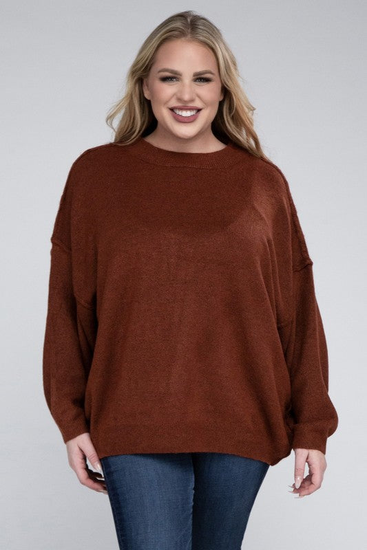 HI Curvy Plus Size Women Oversized Round Neck Raw Seam Melange Sweater