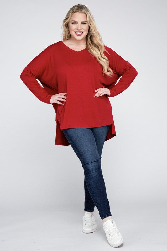 Hi Curvy Plus Size Women Dolman Sleeve V-Neck Side Slit Hi-Low Hem Top