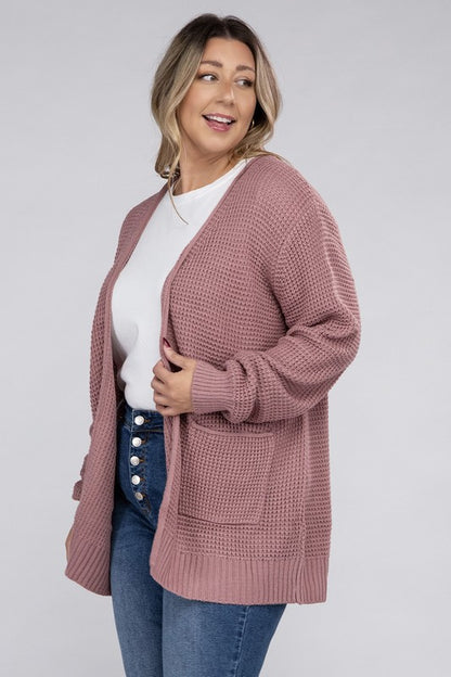 HI Curvy Plus Size Women Low Gauge Waffle Open Cardigan Sweater