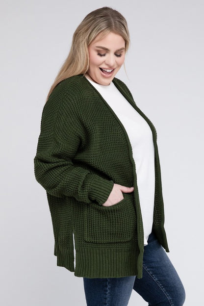 Hi Curvy Plus Size Women Low Gauge Waffle Open Cardigan Sweater