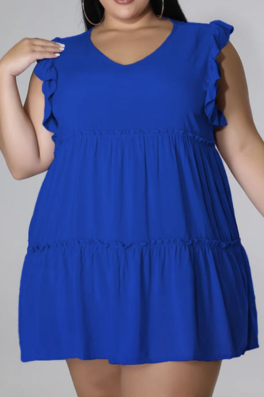 HI Curvy Plus Size Women V-Neck Frill Trim Mini Dress