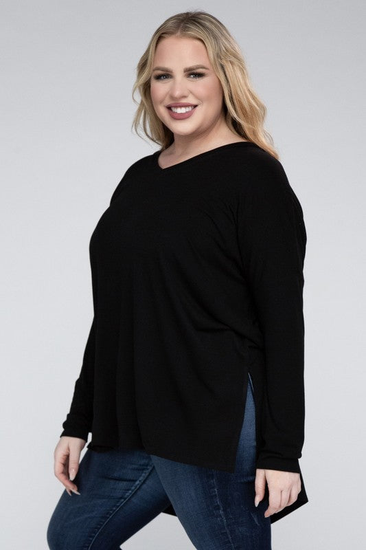 Hi Curvy Plus Size Women Dolman Sleeve V-Neck Side Slit Hi-Low Hem Top