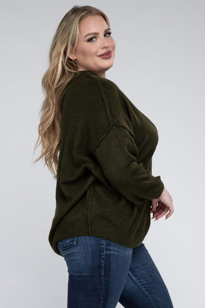 HI Curvy Plus Size Women Oversized Round Neck Raw Seam Melange Sweater