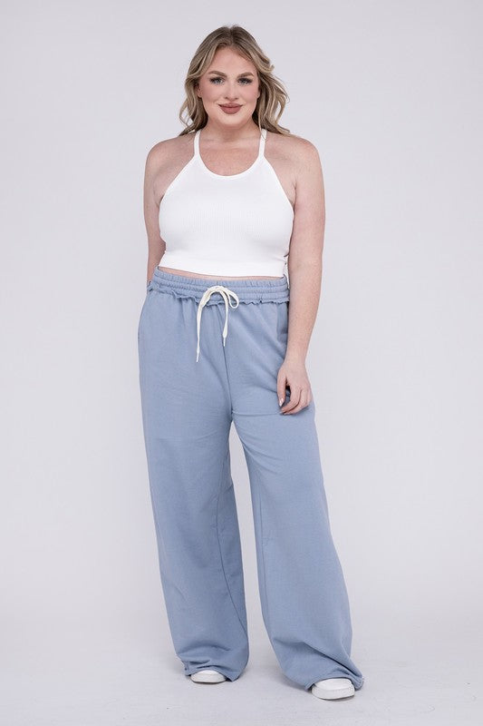 Hi Curvy Plus Size Women F/Terry Drawstring Waist Raw Edge Hem Pants