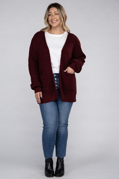 HI Curvy Plus Size Women Low Gauge Waffle Open Cardigan Sweater