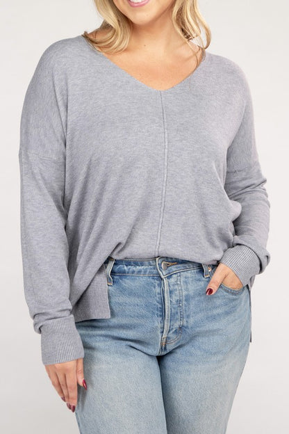 Hi Curvy Plus Size Women Garment Dyed Front Seam Sweater