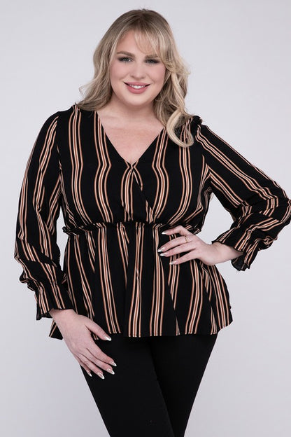 HI Curvy Plus Size Women Striped Top With Ruffled Hem