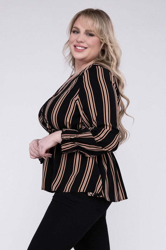 HI Curvy Plus Size Women Striped Top With Ruffled Hem