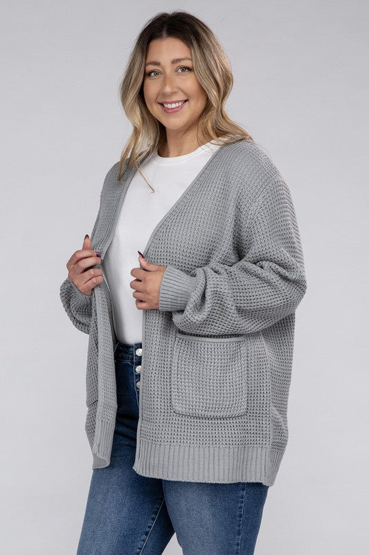 HI Curvy Plus Size Women Low Gauge Waffle Open Cardigan Sweater