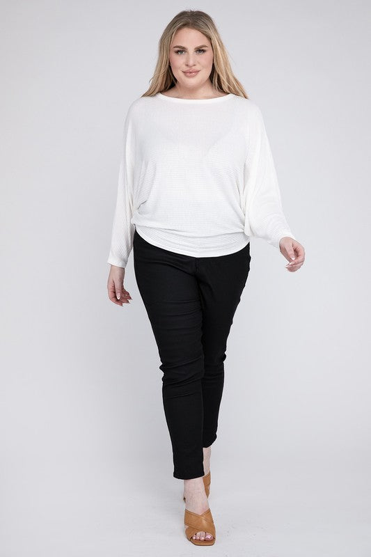 Hi Curvy Plus Size Women Ribbed Batwing Long Sleeve Boat Neck Sweater