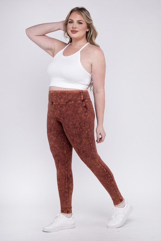 Hi Curvy Plus Size Women Mineral Washed Wide Waistband Yoga Leggings