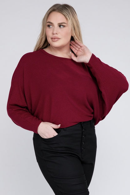 Hi Curvy Plus Size Women Ribbed Batwing Long Sleeve Boat Neck Sweater