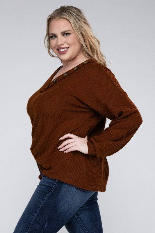 Hi Curvy Plus Size Women Brushed Waffle V-Neck Button Detail Sweater