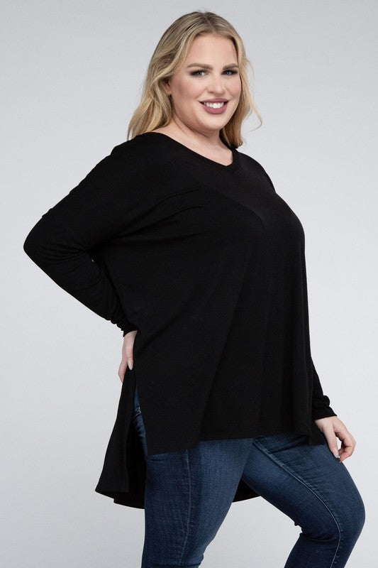 Hi Curvy Plus Size Women Dolman Sleeve V-Neck Side Slit Hi-Low Hem Top