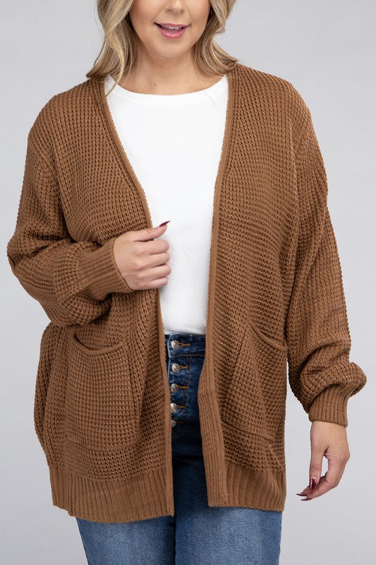 HI Curvy Plus Size Women Low Gauge Waffle Open Cardigan Sweater