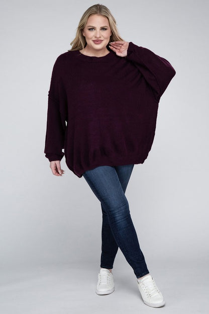 HI Curvy Plus Size Women Oversized Round Neck Raw Seam Melange Sweater