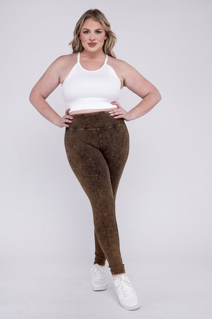 Hi Curvy Plus Size Women Mineral Washed Wide Waistband Yoga Leggings