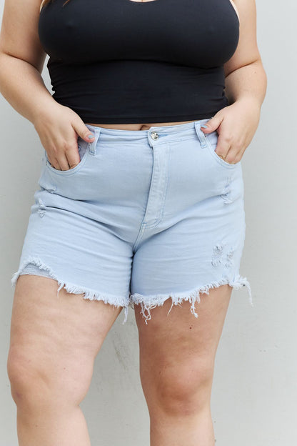 Full Size High Waisted Distressed Shorts in Ice Blue