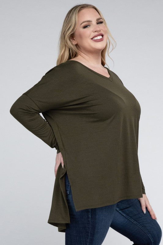 Hi Curvy Plus Size Women Dolman Sleeve V-Neck Side Slit Hi-Low Hem Top