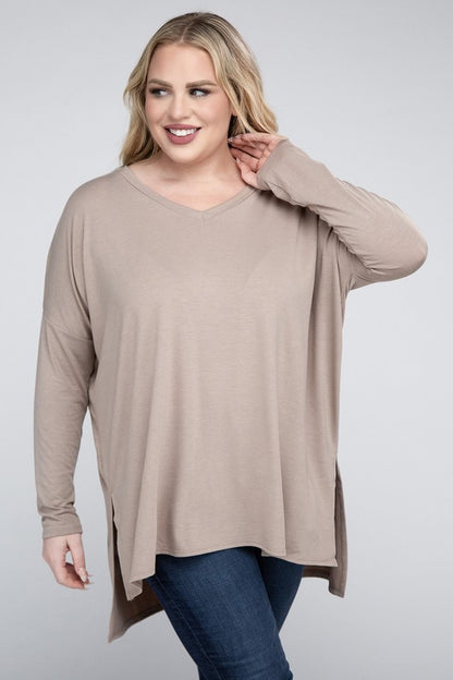 Hi Curvy Plus Size Women Dolman Sleeve V-Neck Side Slit Hi-Low Hem Top