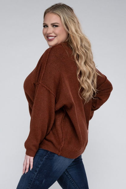 HI Curvy Plus Size Women Oversized Round Neck Raw Seam Melange Sweater