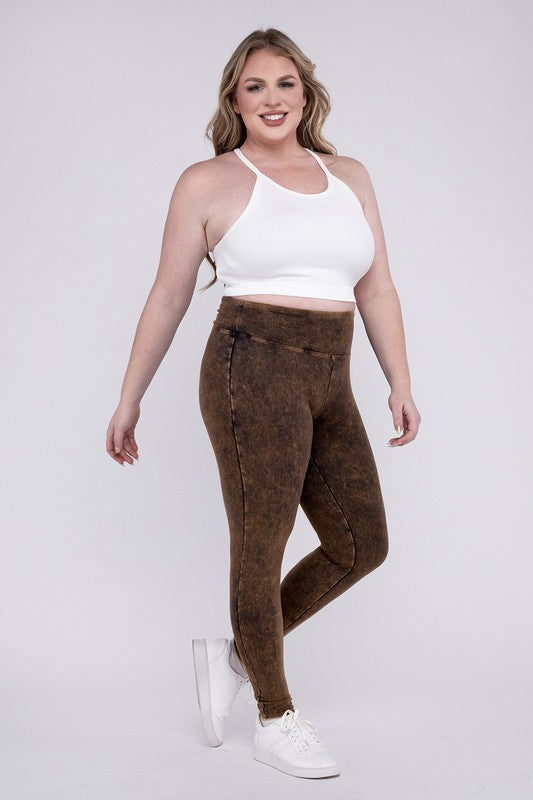 Hi Curvy Plus Size Women Mineral Washed Wide Waistband Yoga Leggings