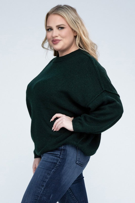 HI Curvy Plus Size Women Oversized Round Neck Raw Seam Melange Sweater