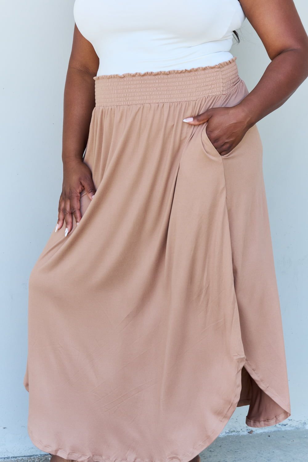 Full Size High Waist Scoop Hem Maxi Skirt in Tan