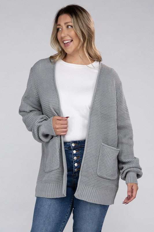 HI Curvy Plus Size Women Low Gauge Waffle Open Cardigan Sweater