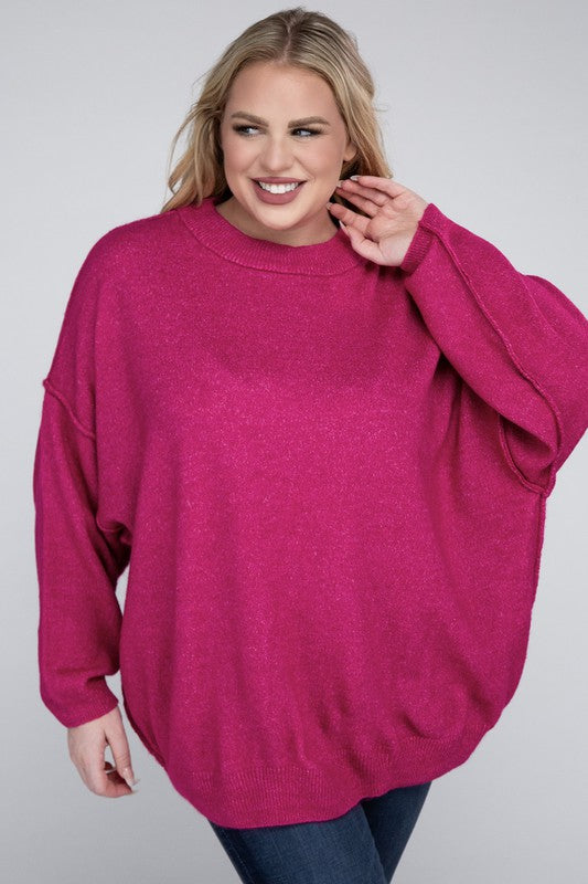 HI Curvy Plus Size Women Oversized Round Neck Raw Seam Melange Sweater