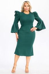 Plus Size Puffy Long Bell Sleeves Fit and Relax Midi Dress