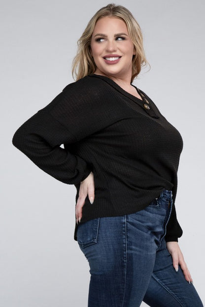 Hi Curvy Plus Size Women Brushed Waffle V-Neck Button Detail Sweater