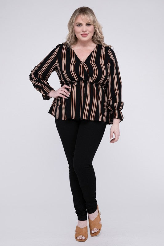 HI Curvy Plus Size Women Striped Top With Ruffled Hem