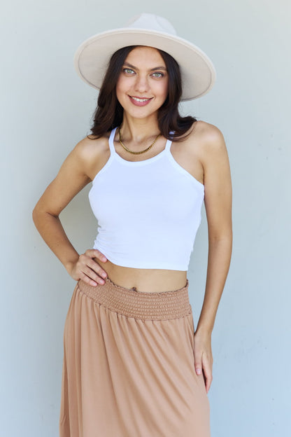 Full Size High Waist Scoop Hem Maxi Skirt in Tan