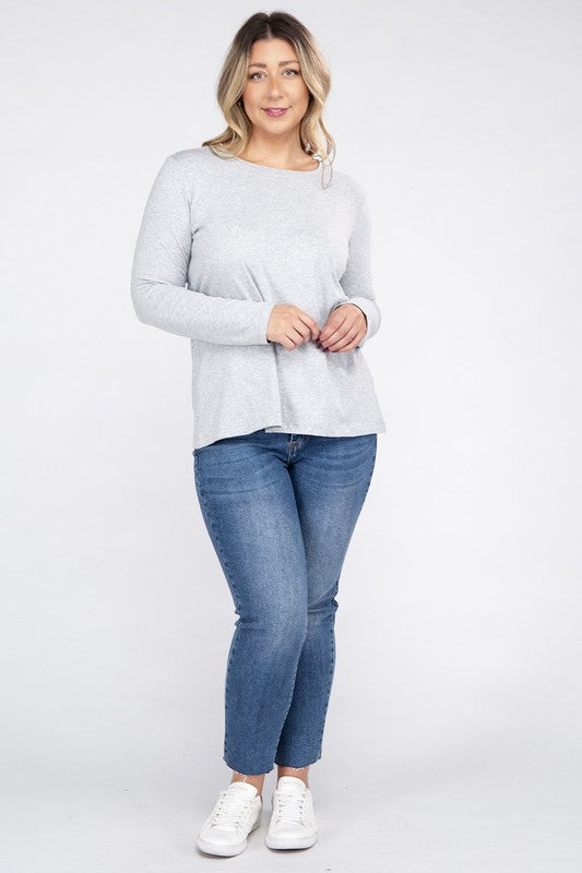 Plus Size Cotton Crew Neck Long Sleeve T-Shirt