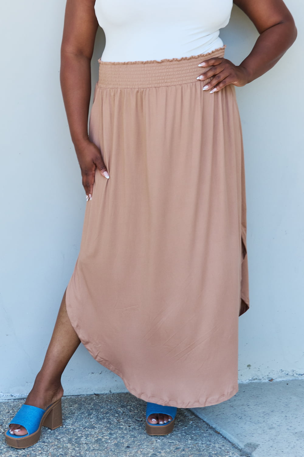 Full Size High Waist Scoop Hem Maxi Skirt in Tan