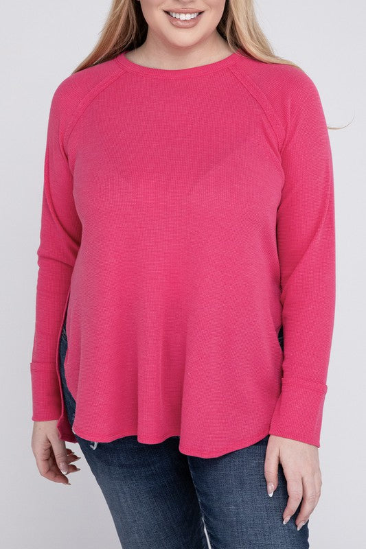 Plus Size Melange Baby Waffle Long Sleeve Top