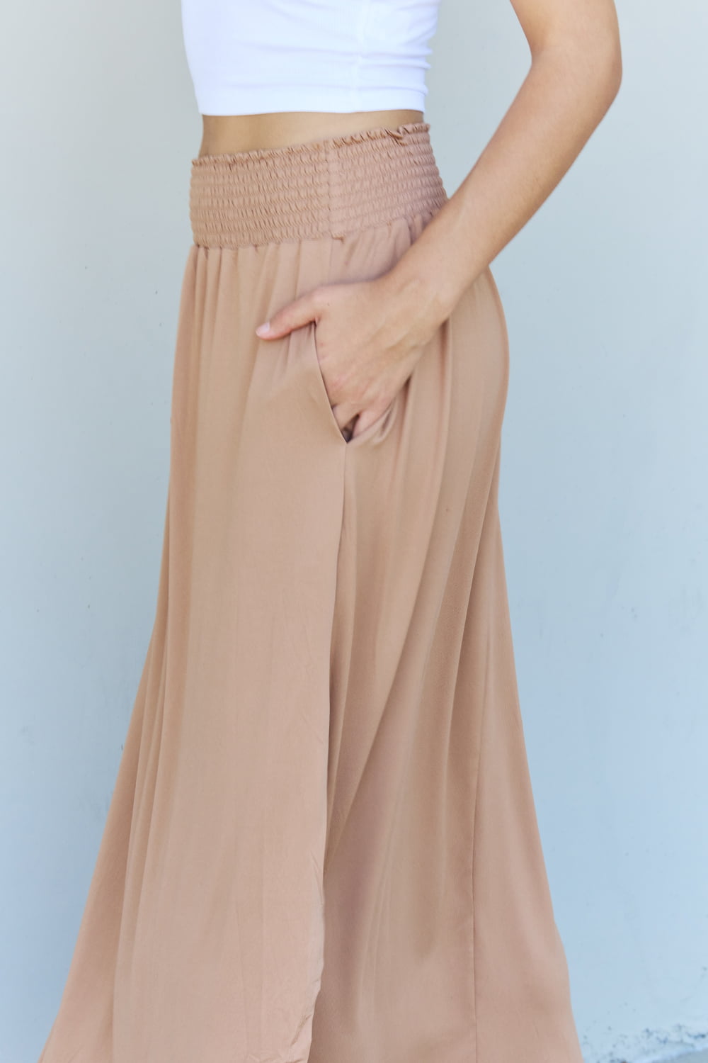 Full Size High Waist Scoop Hem Maxi Skirt in Tan