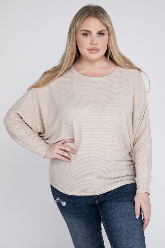 Hi Curvy Plus Size Women Ribbed Batwing Long Sleeve Boat Neck Sweater