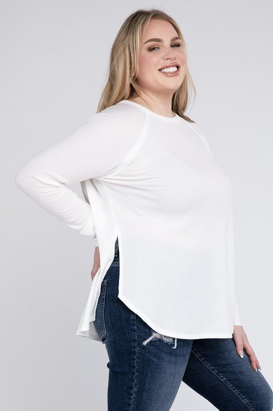 Plus Size Melange Baby Waffle Long Sleeve Top