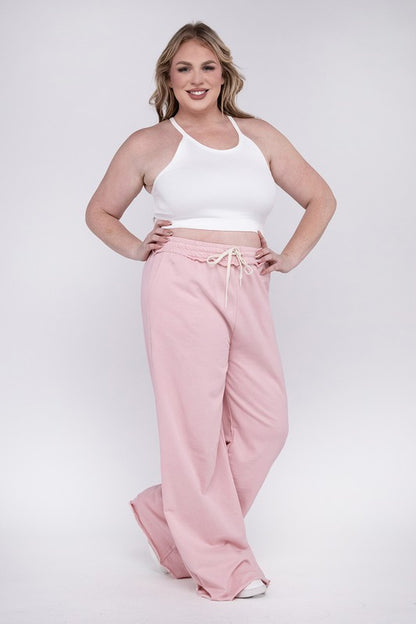 Hi Curvy Plus Size Women F/Terry Drawstring Waist Raw Edge Hem Pants