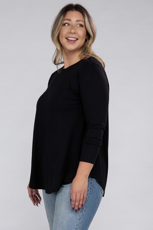 Hi Curvy Plus Size Women Long Sleeve Round Neck Round Hem Top