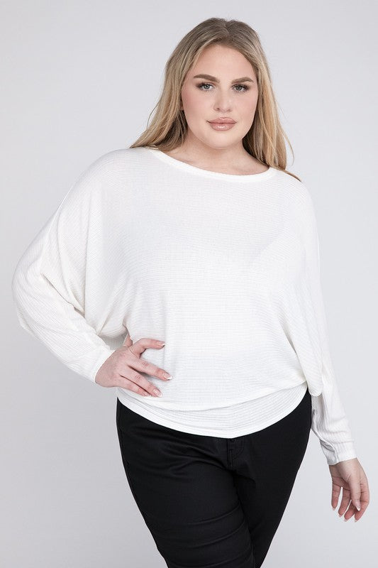 Hi Curvy Plus Size Women Ribbed Batwing Long Sleeve Boat Neck Sweater