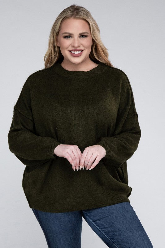 HI Curvy Plus Size Women Oversized Round Neck Raw Seam Melange Sweater