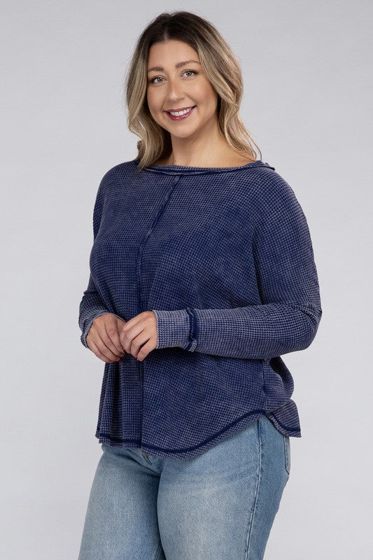 Plus Size Washed Baby Waffle Oversized Long Sleeve Top