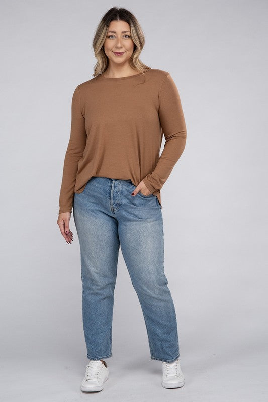 Hi Curvy Plus Size Women Long Sleeve Round Neck Round Hem Top