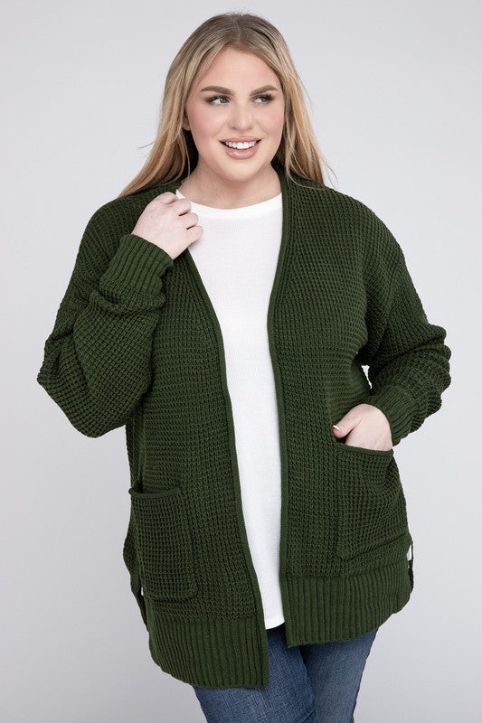 Hi Curvy Plus Size Women Low Gauge Waffle Open Cardigan Sweater