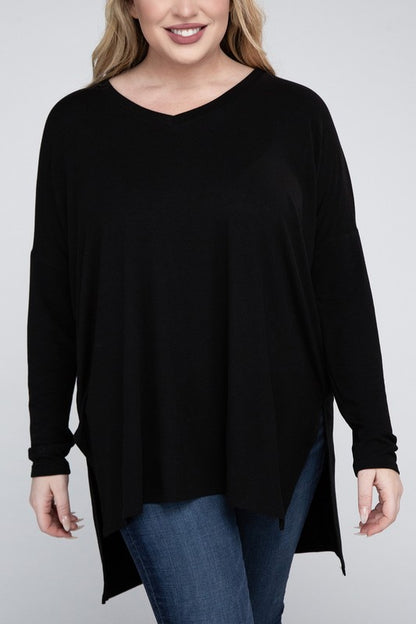 Hi Curvy Plus Size Women Dolman Sleeve V-Neck Side Slit Hi-Low Hem Top