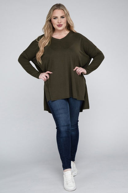 Hi Curvy Plus Size Women Dolman Sleeve V-Neck Side Slit Hi-Low Hem Top